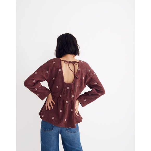 Madewell Embroidered Lightspun Peplum Open-Back Top Vintage Mulberry Red M - Picture 2 of 12